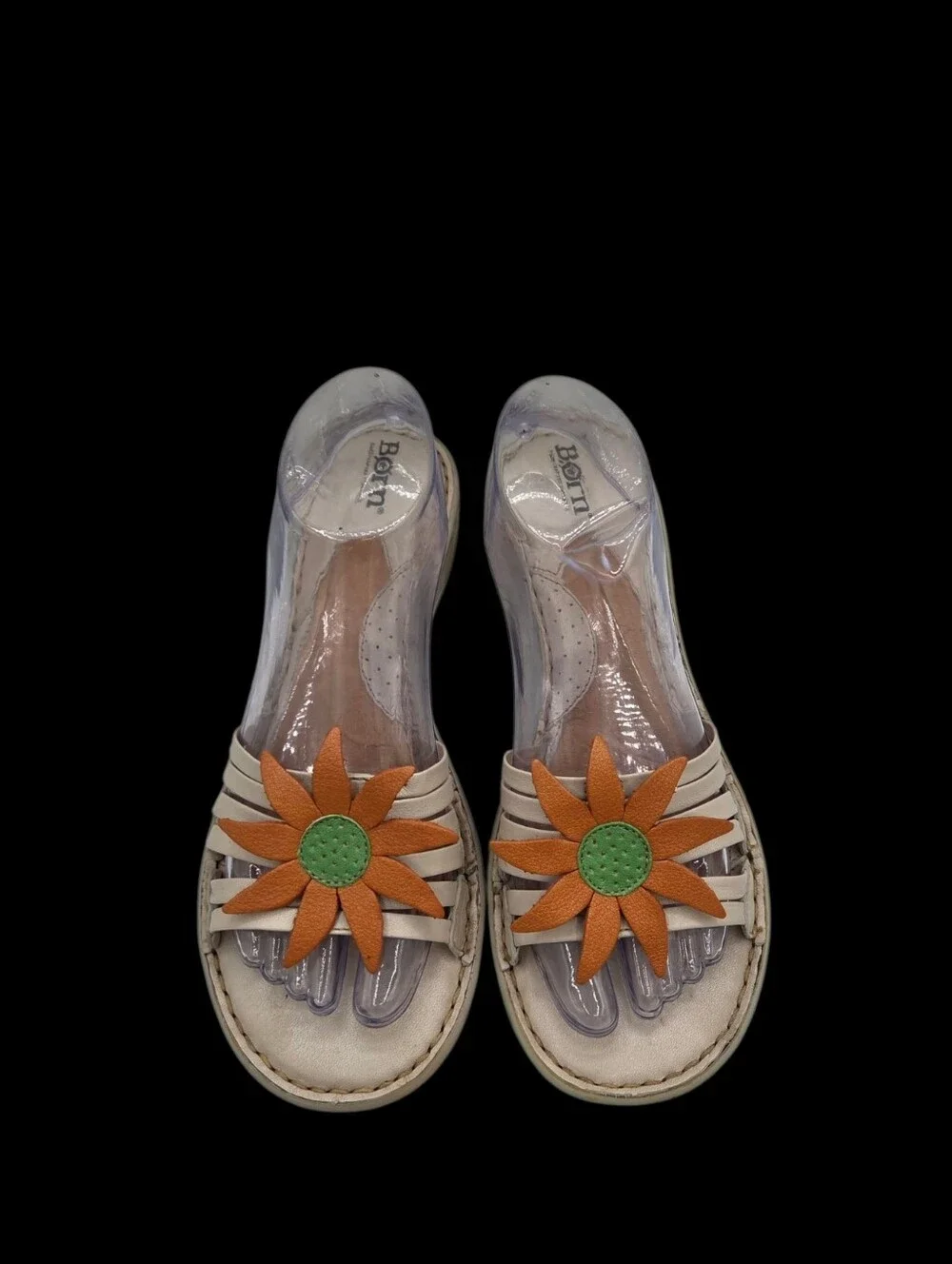 Y2k Born Sandals Cream Leather Wedge Orange Green Flower Applique Whimsical  7.5